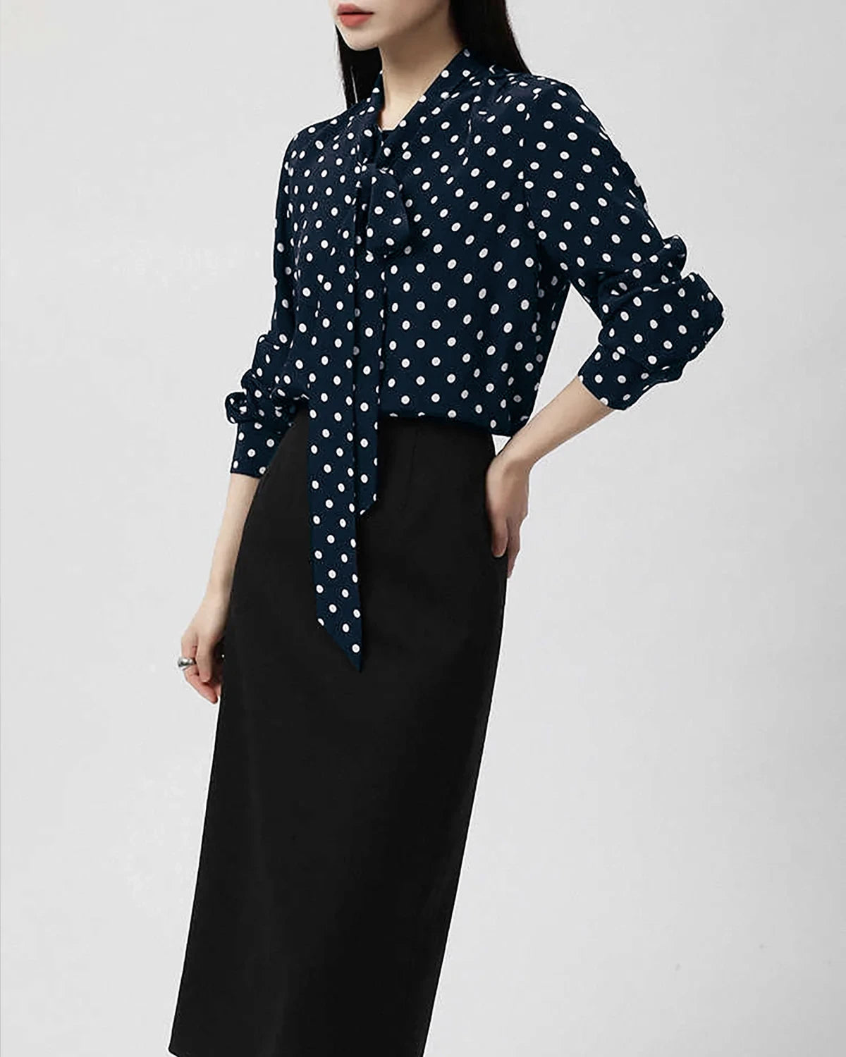 Polka Dot Bow Silk Shirt, Navy and White