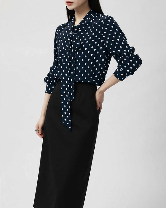 Polka Dot Bow Silk Shirt, Navy and White