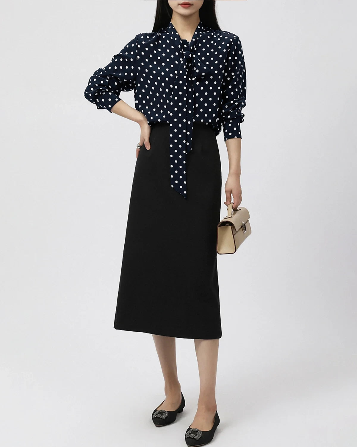Polka Dot Bow Silk Shirt, Navy and White