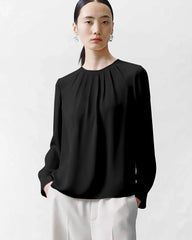 Crew Neck Pleated Silk Blouse, Black