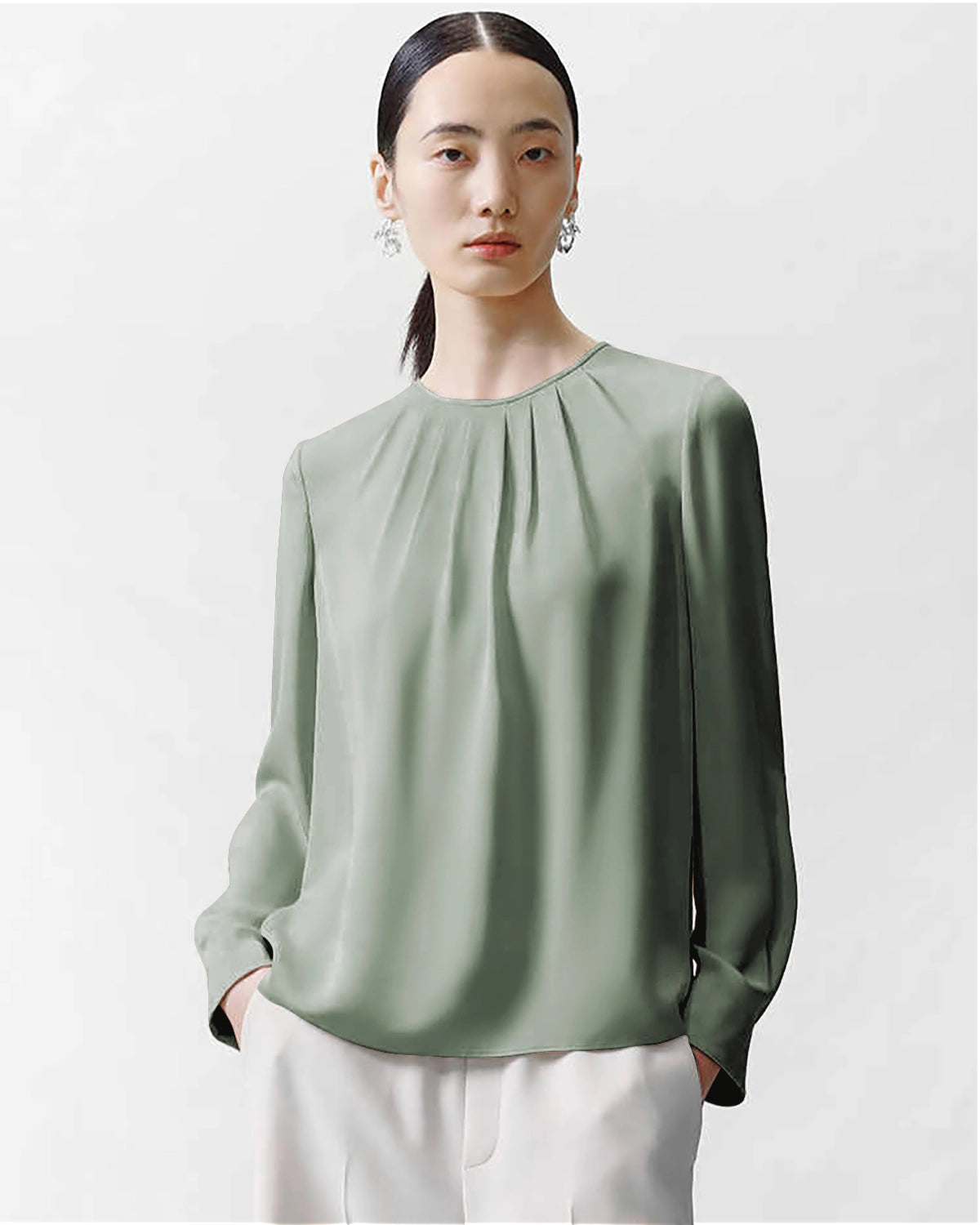 Crew Neck Pleated Silk Blouse, Green