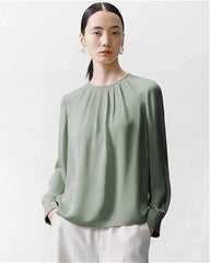 Crew Neck Pleated Silk Blouse, Green