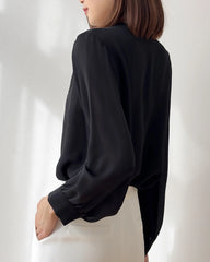 V Neck Pleated Shoulder Silk Blouse, Black