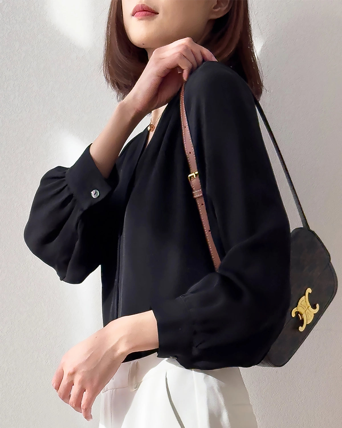 V Neck Pleated Shoulder Silk Blouse, Black