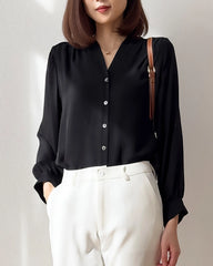 V Neck Pleated Shoulder Silk Blouse, Black