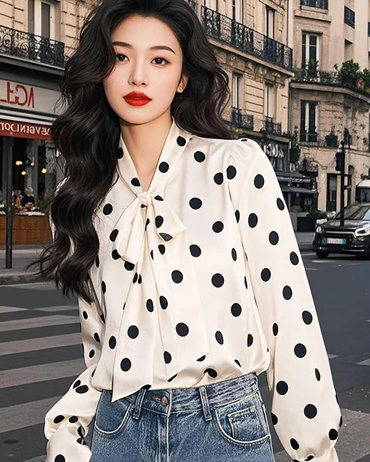 Silk Polka Dot Bow Blouse, White And Black
