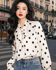 Silk Polka Dot Bow Blouse, White And Black