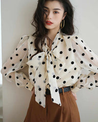 Polka Dot Tie Neck Silk Blouse, White And Black