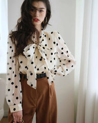 Polka Dot Tie Neck Silk Blouse, White And Black