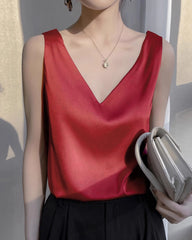 Women's V Neck Sleeveless Silk Top, Red