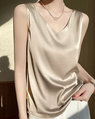 Women's V Neck Sleeveless Silk Top, Champagne