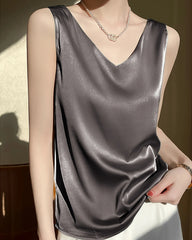 Women's V Neck Sleeveless Silk Top, Dark Grey