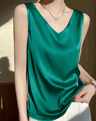 Women's V Neck Sleeveless Silk Top, Green