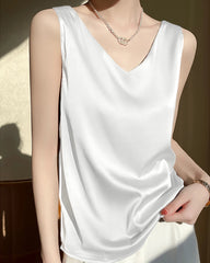 Women's V Neck Sleeveless Silk Top, White