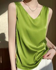Women's V Neck Sleeveless Silk Top, Mustard Green