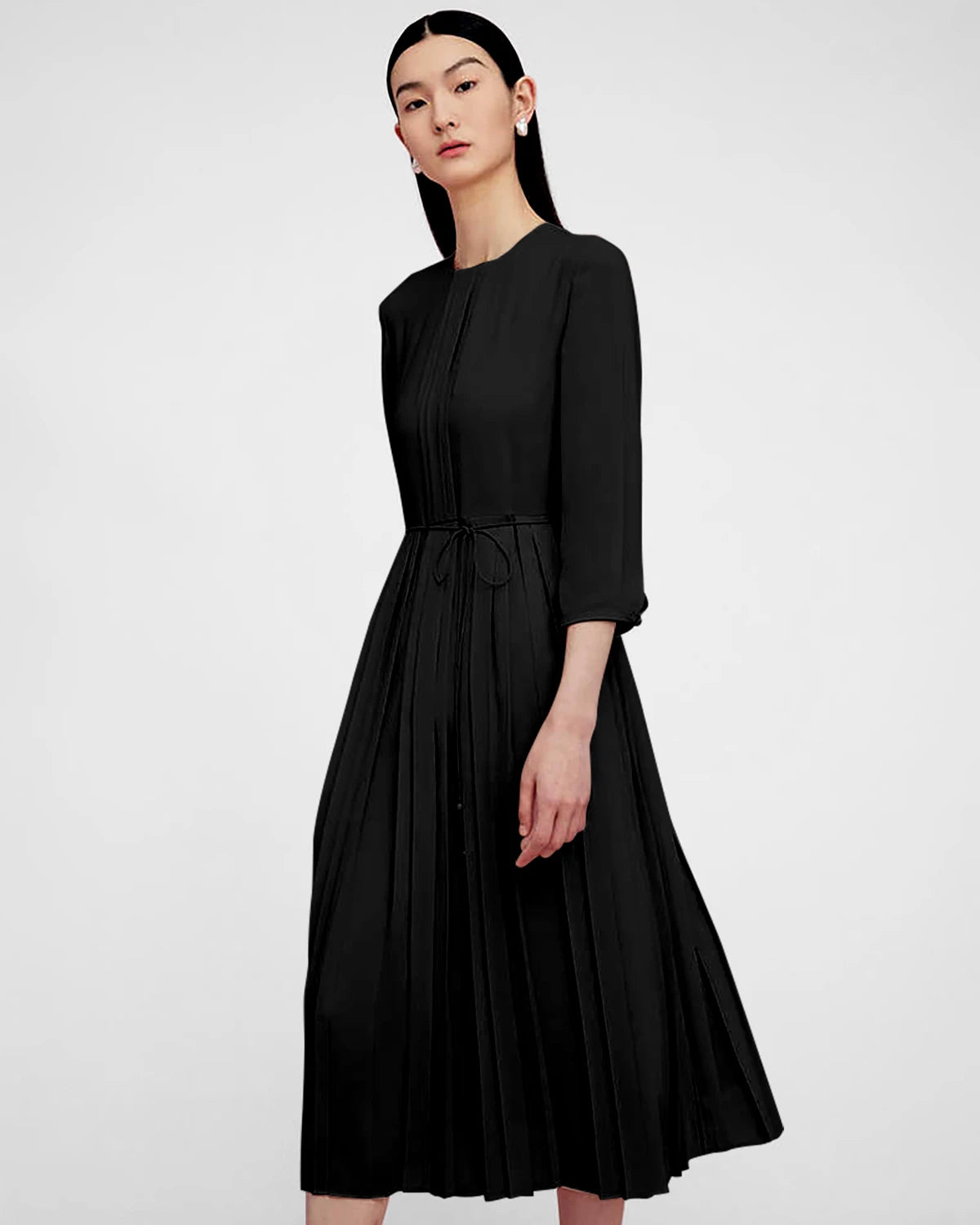 Pleated 3/4 Sleeve Silk Dress, Black