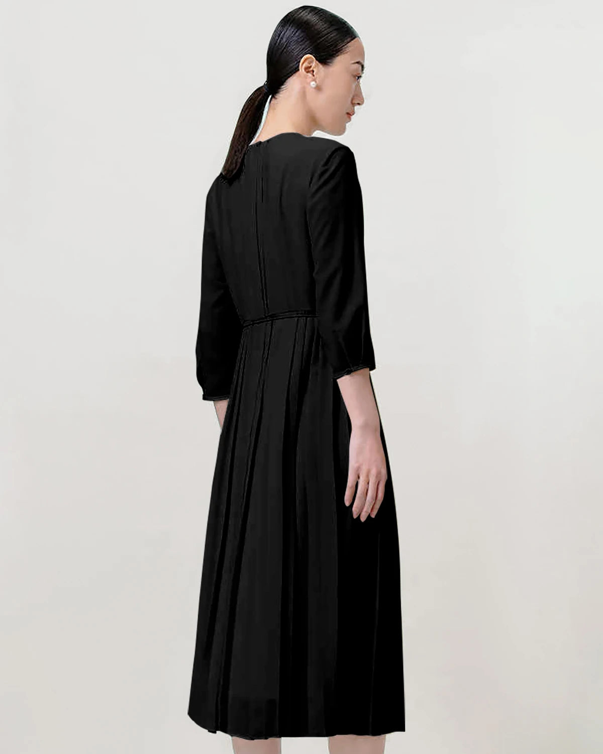 Pleated 3/4 Sleeve Silk Dress, Black