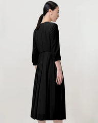 Pleated 3/4 Sleeve Silk Dress, Black