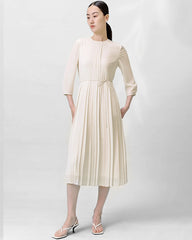 Pleated 3/4 Sleeve Silk Dress