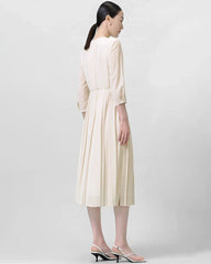 Pleated 3/4 Sleeve Silk Dress