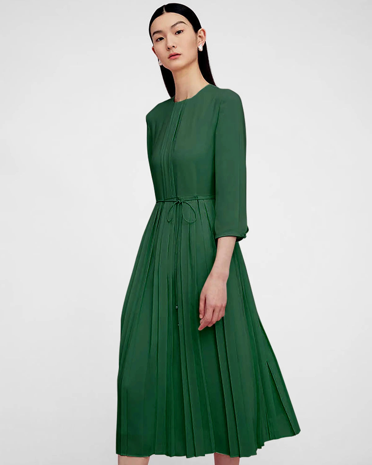 Pleated 3/4 Sleeve Silk Dress, Dark Green