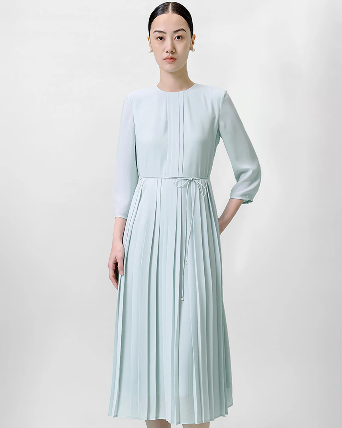 Pleated 3/4 Sleeve Silk Dress, Light Blue