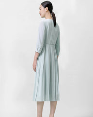 Pleated 3/4 Sleeve Silk Dress, Light Blue