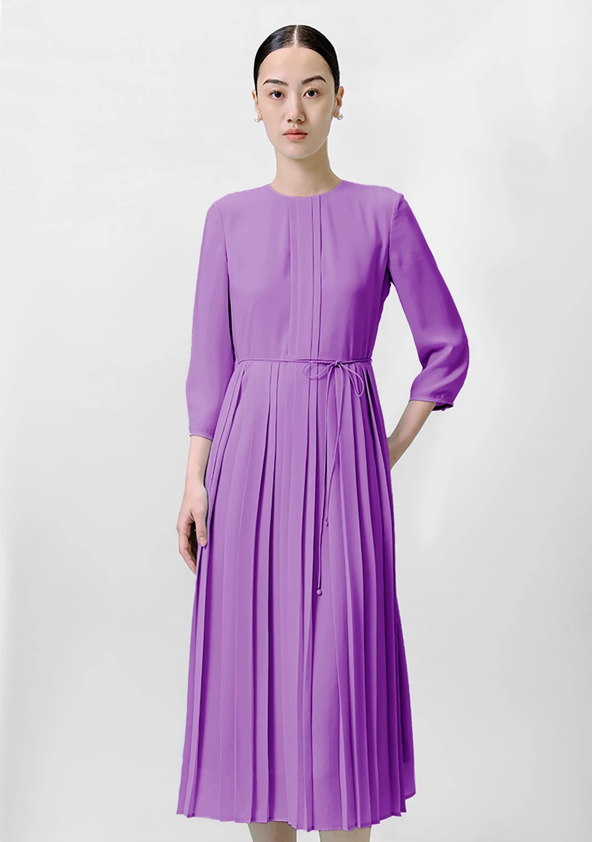 Pleated 3/4 Sleeve Silk Dress, Purple