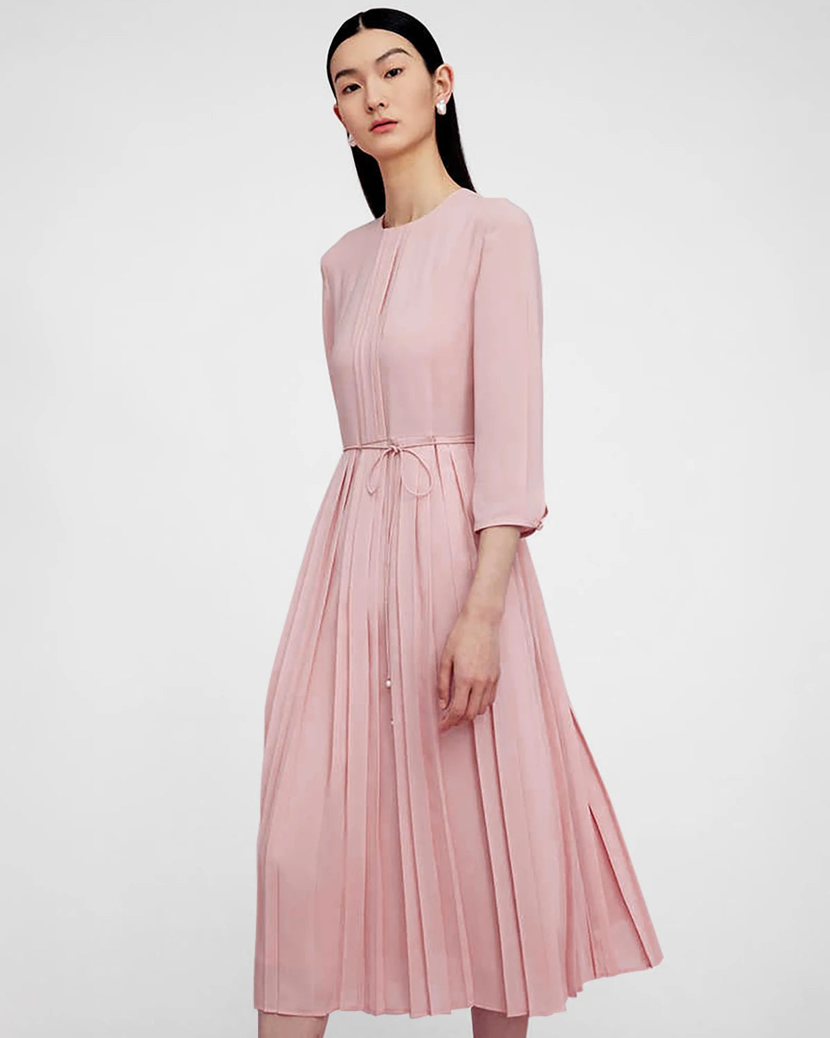 Pleated 3/4 Sleeve Silk Dress, Rose Pink