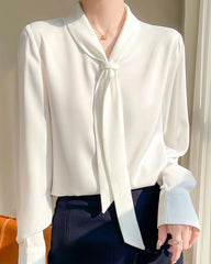 V-neck Tie Front Silk Blouse, White