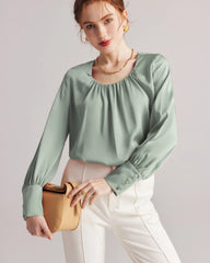 Pleated Round Neck Silk Blouse, Green