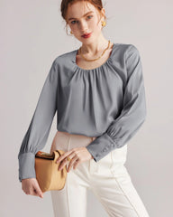 Pleated Round Neck Silk Blouse, Grey