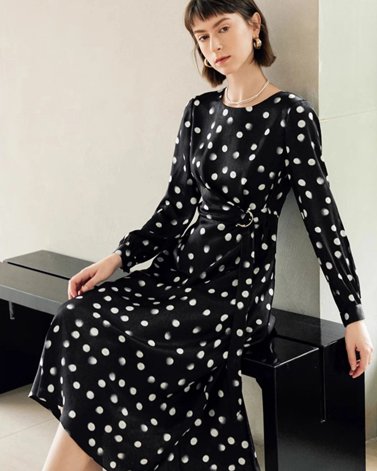 Polka Dot Belted Silk Dress, Black And White