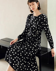 Polka Dot Belted Silk Dress, Black And White