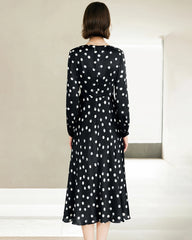 Polka Dot Belted Silk Dress, Black And White