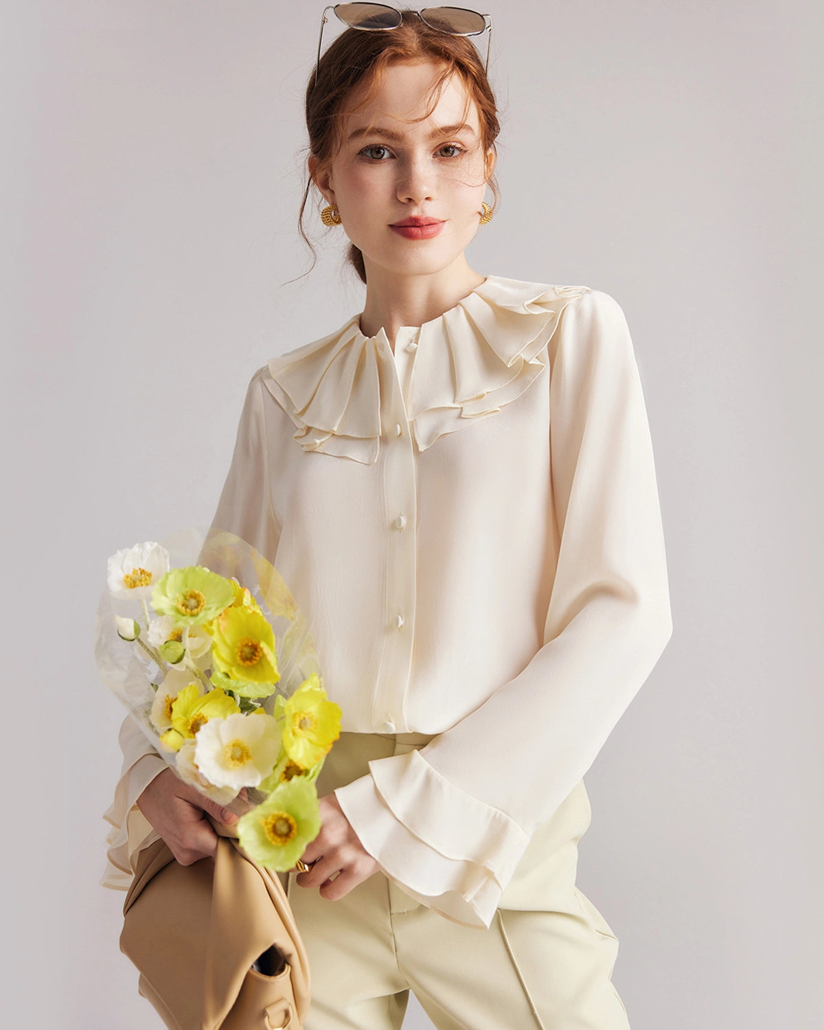 Ruffle Neck Flare Silk Blouse, Cream