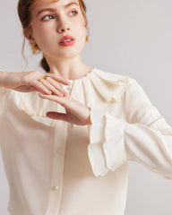 Ruffle Neck Flare Silk Blouse, Cream