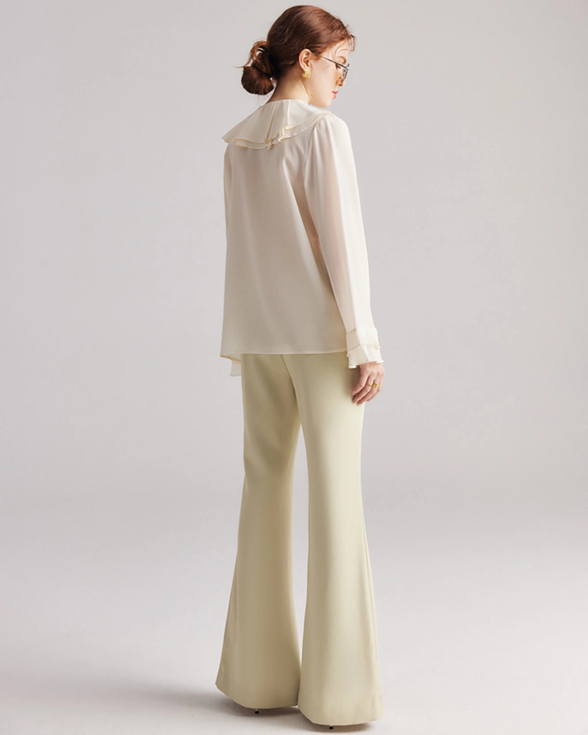 Ruffle Neck Flare Silk Blouse, Cream