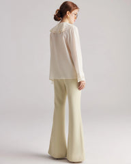 Ruffle Neck Flare Silk Blouse, Cream