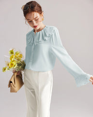 Ruffle Neck Flare Silk Blouse, Light Blue