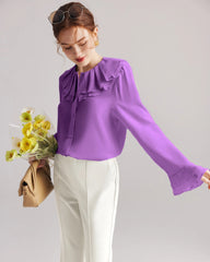 Ruffle Neck Flare Silk Blouse, Purple
