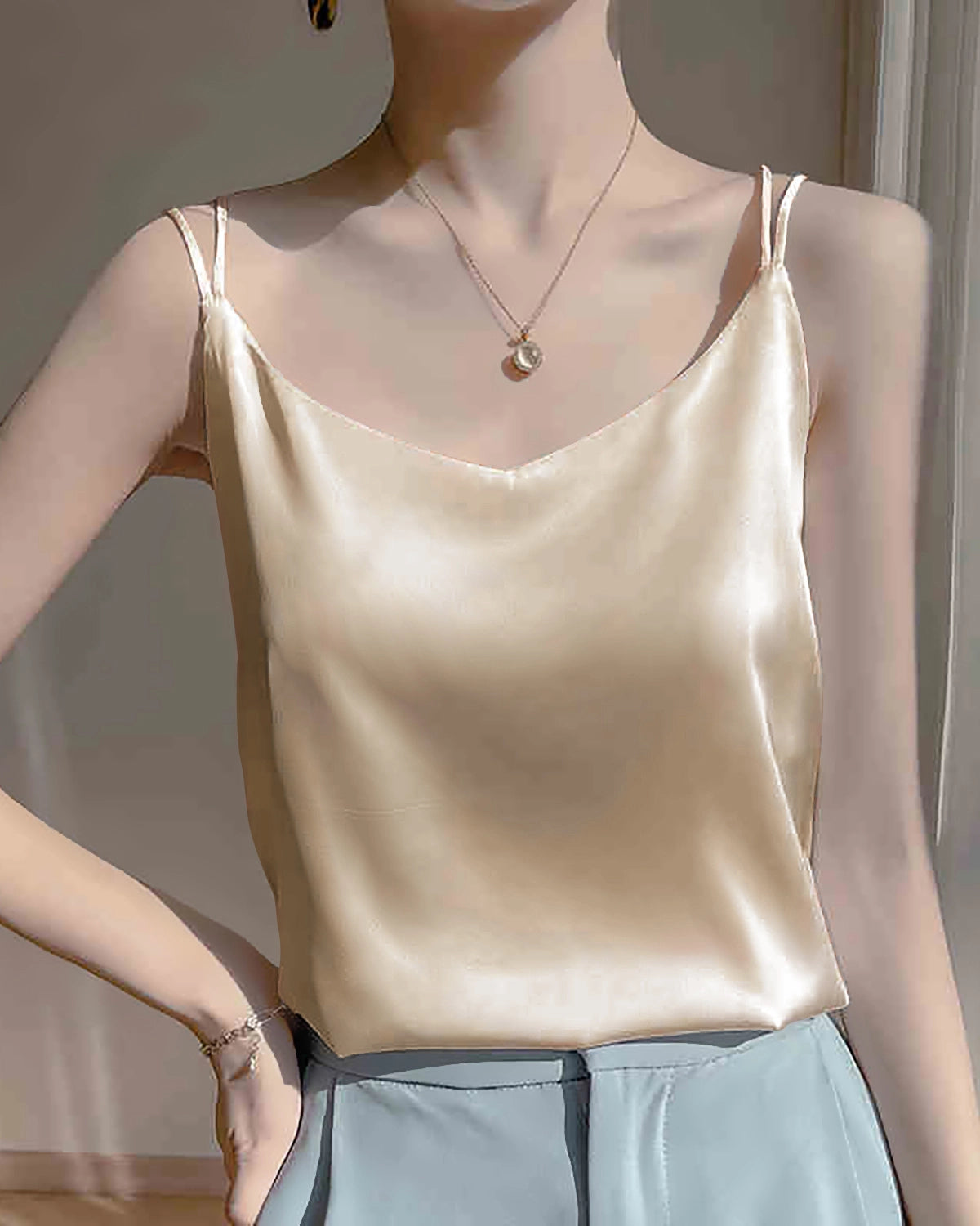 Spaghetti Strap Cross Back Silk Camisole, Champagne