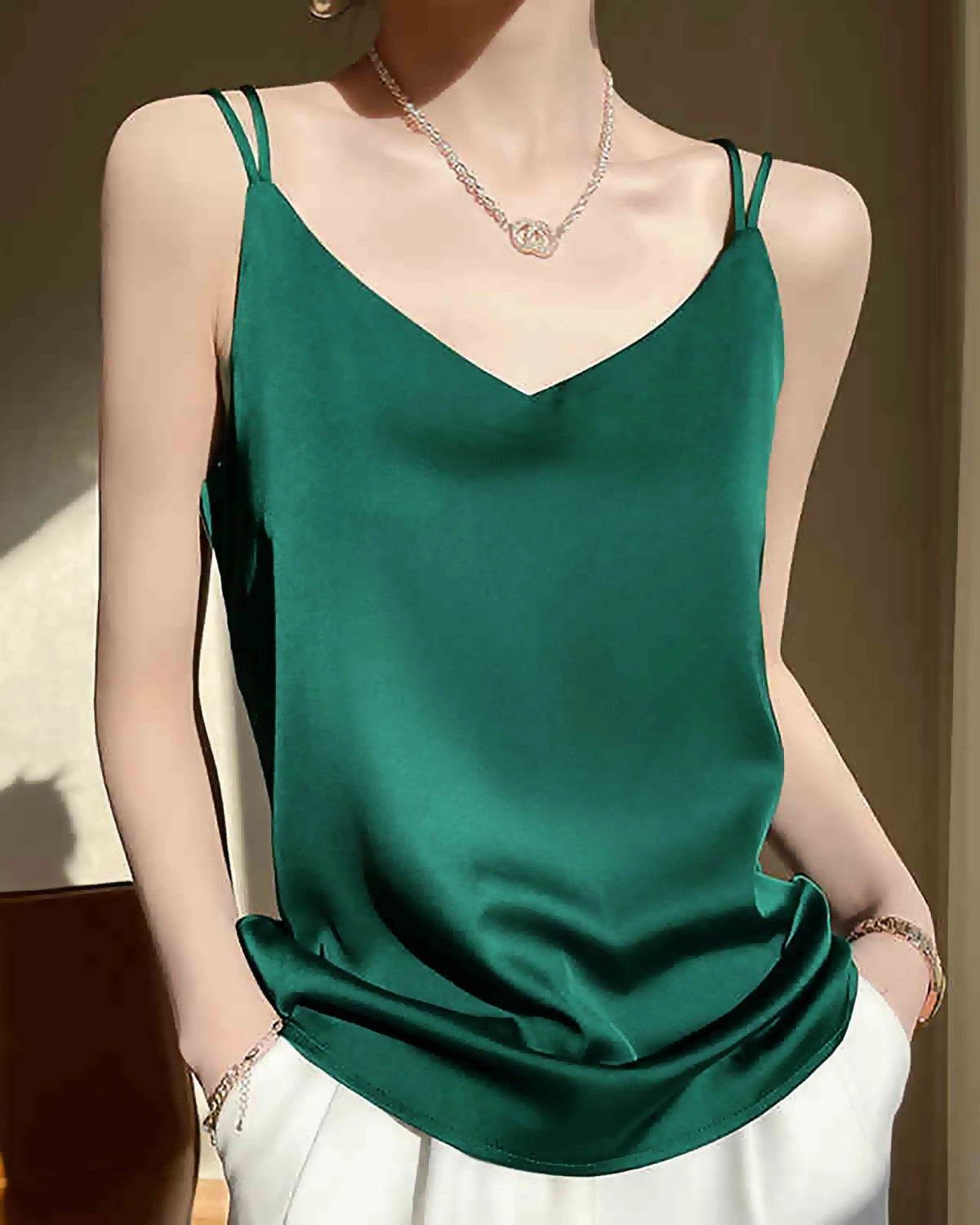 Spaghetti Strap Cross Back Silk Camisole, Green