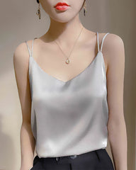 Spaghetti Strap Cross Back Silk Camisole, Grey