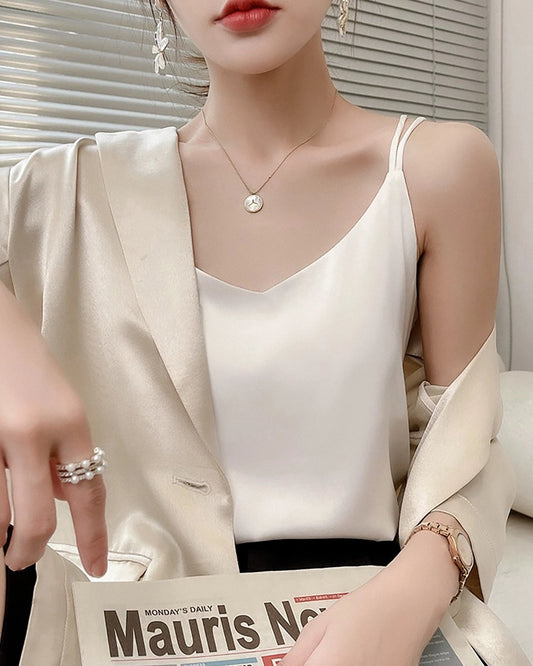 Spaghetti Strap Cross Back Silk Camisole, White