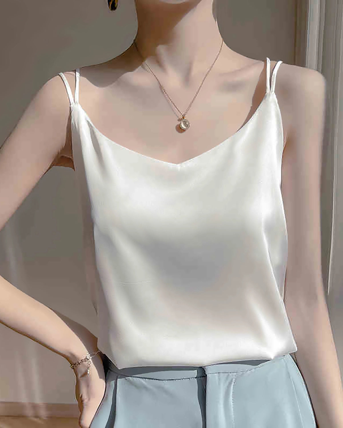 Spaghetti Strap Cross Back Silk Camisole, White