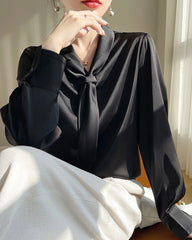 V-neck Tie Front Silk Blouse, Black