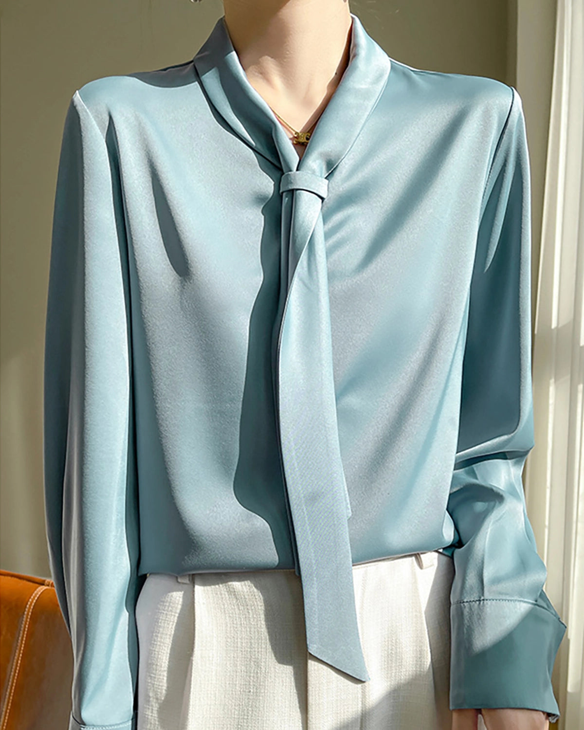 V-neck Tie Front Silk Blouse, Blue
