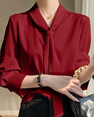 V-neck Tie Front Silk Blouse, Red