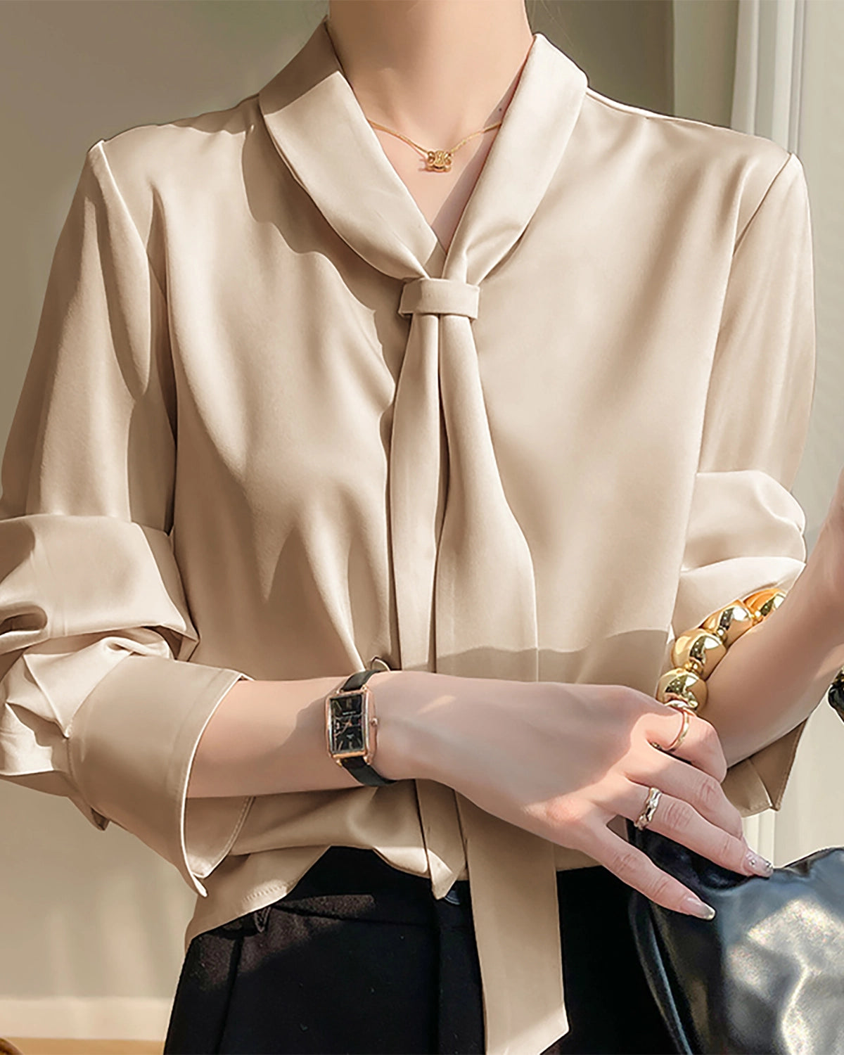 V-neck Tie Front Silk Blouse, Champagne